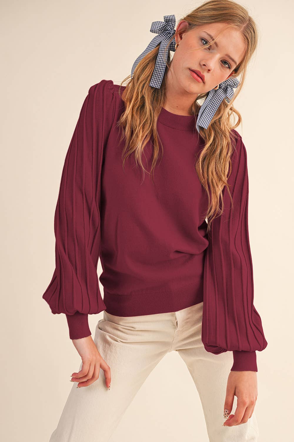 STRIPE TEXTURE PUFF SLEEVE SWEATER MSW9485