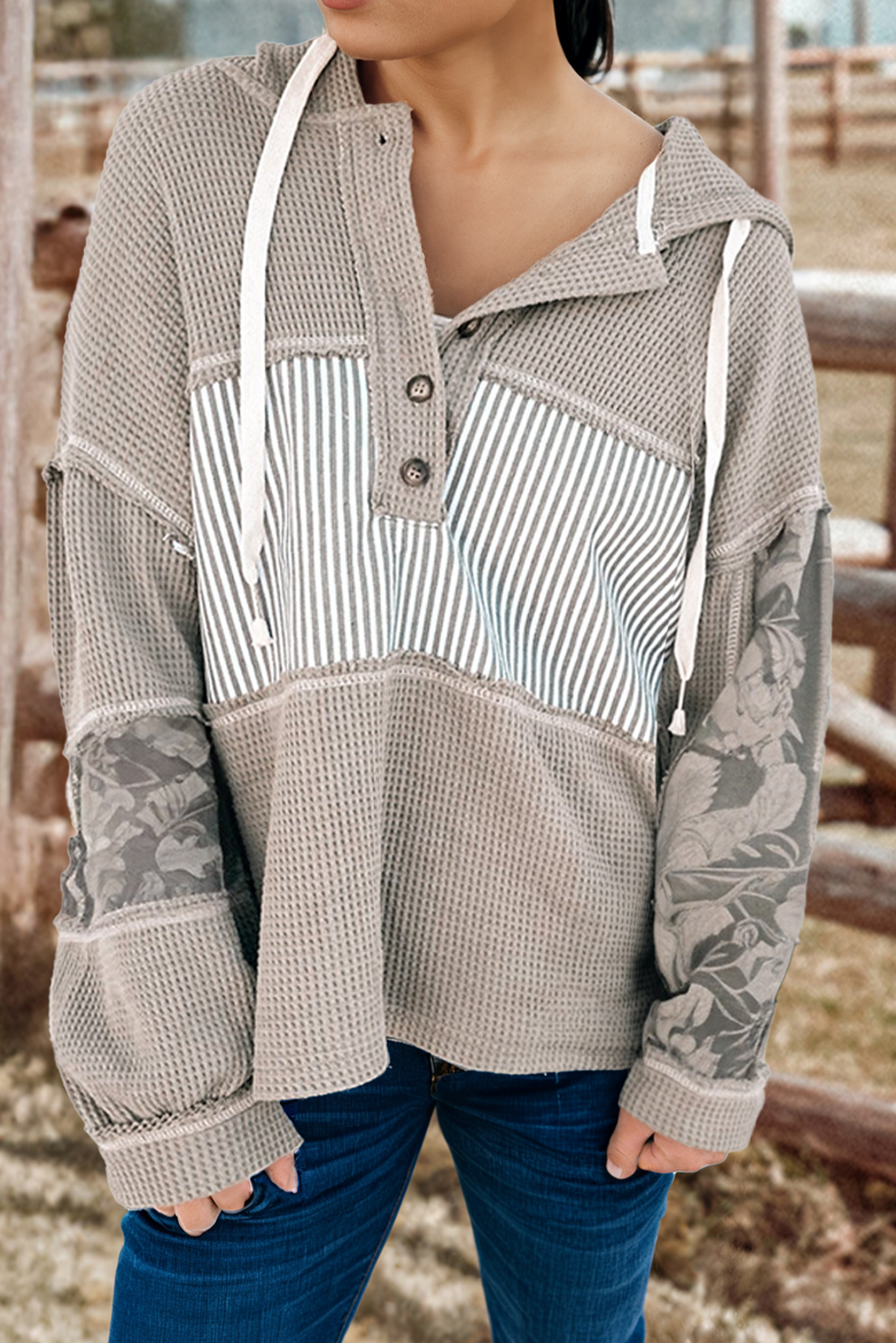 Fashion Waffle Print Patch Drawstring Hooded Long Sleeve Top