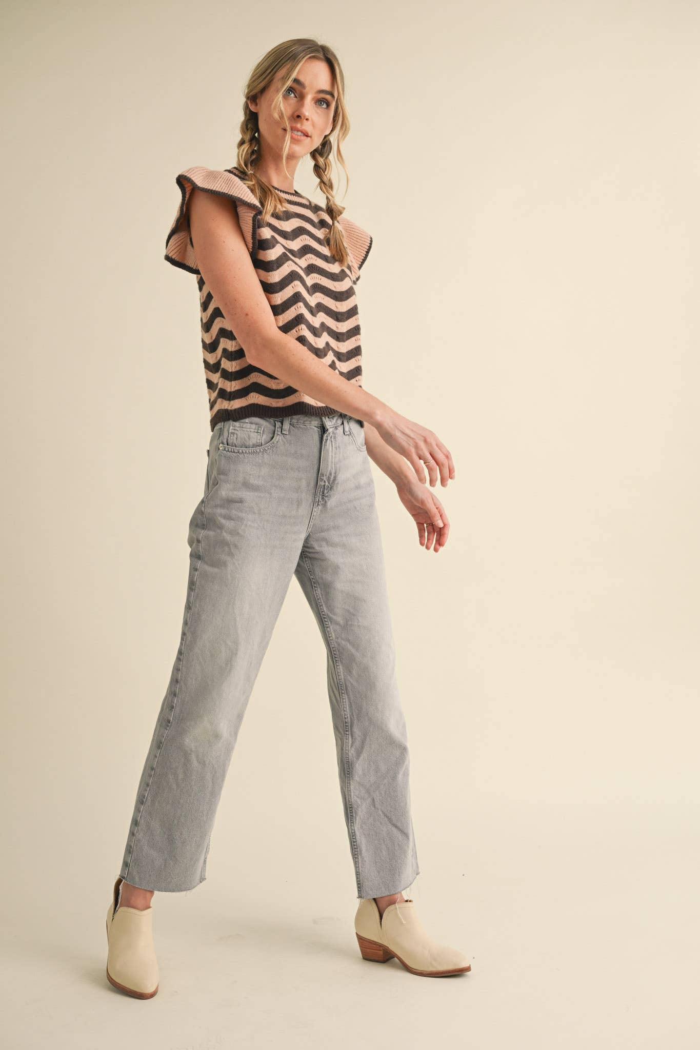 WAVY STRIPES FLUTTER SLEEVE SWEATER TOP MSW10509