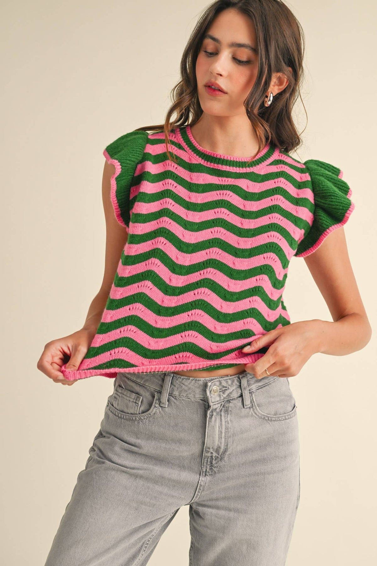 WAVY STRIPES FLUTTER SLEEVE SWEATER TOP MSW10509