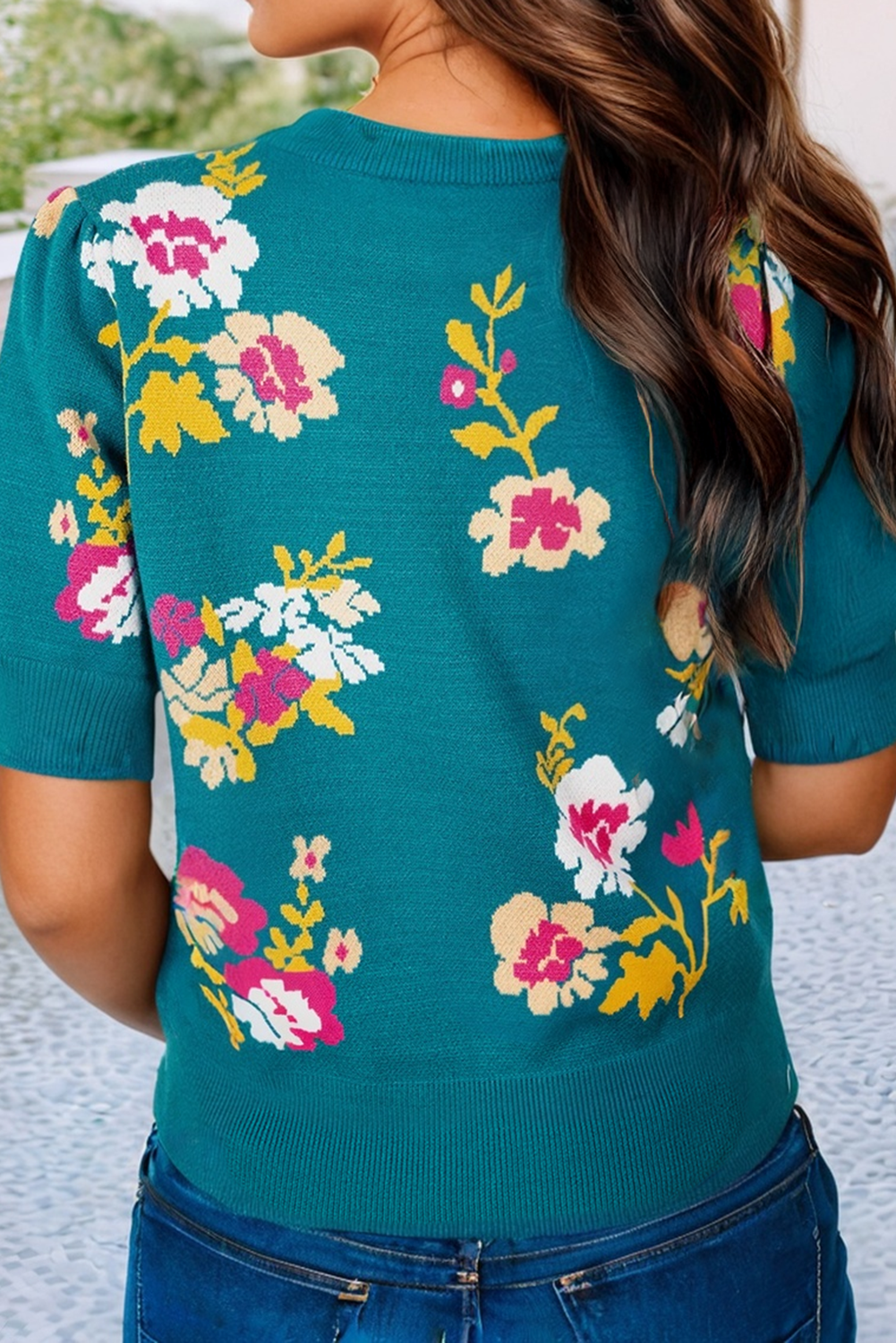 LDC Flower Pattern Knit Short Sleeve Top