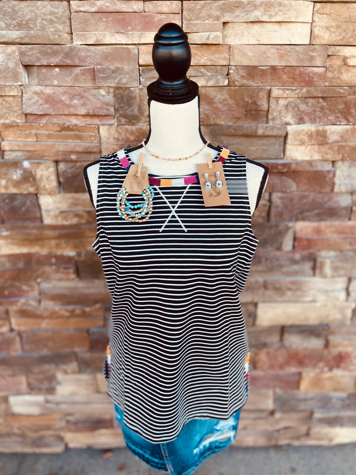 Embroidered Neckline Striped Tank Top