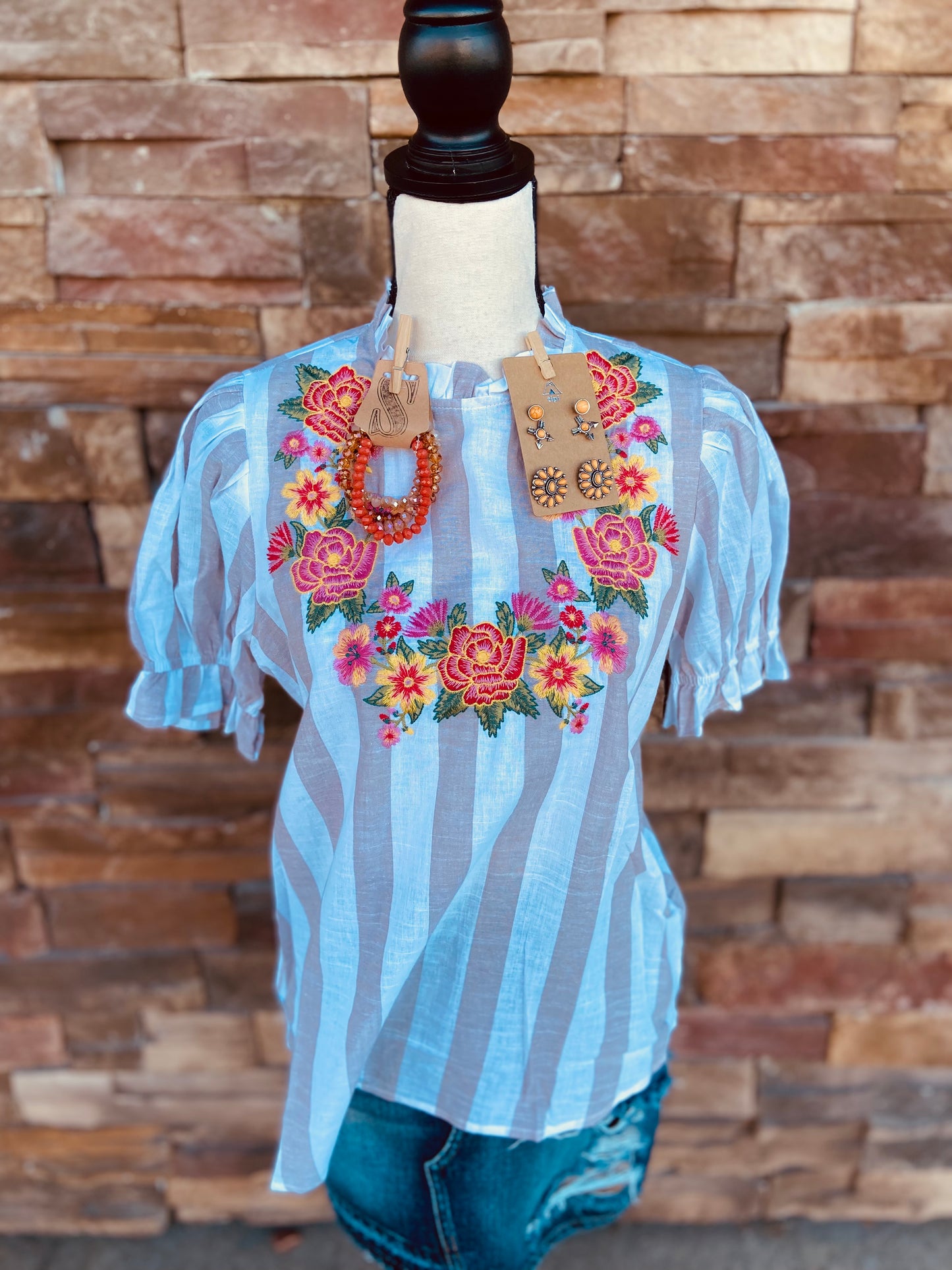 Striped Floral Embroidered Yoke S/S Top