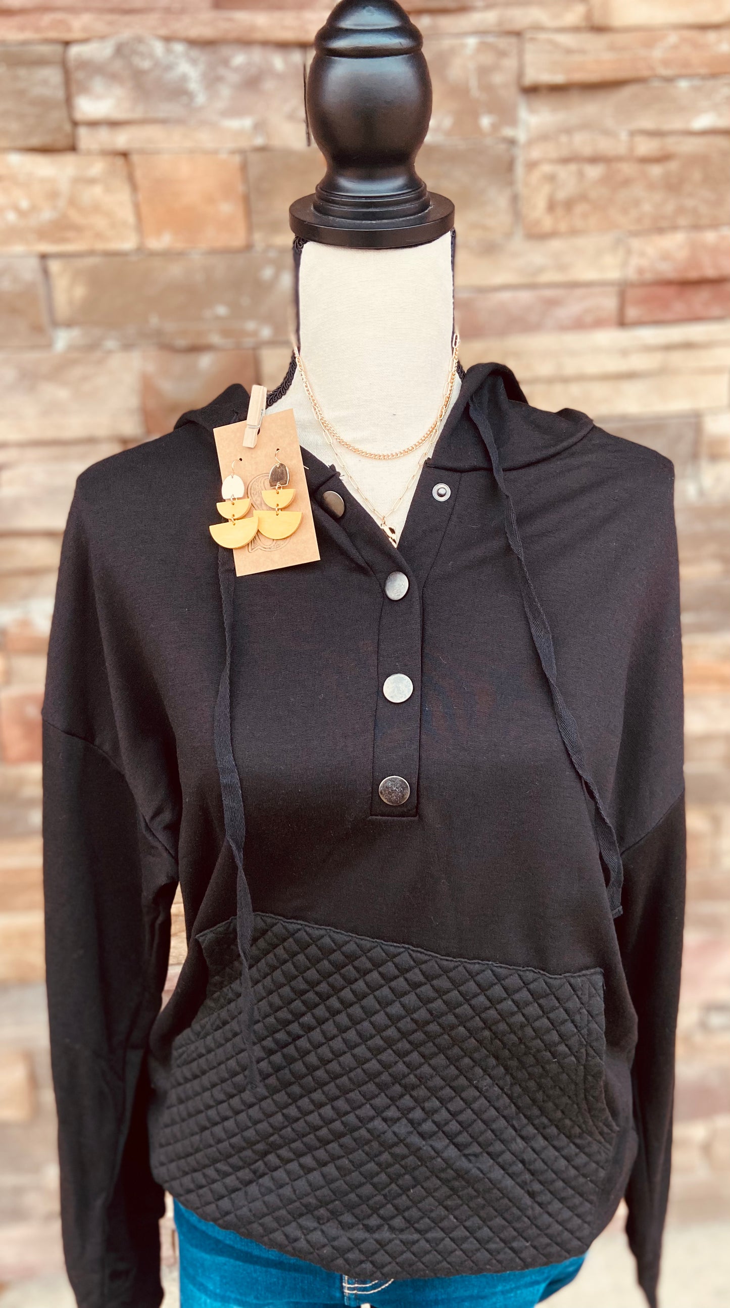Half Button Hoodie with Quilted Pocket