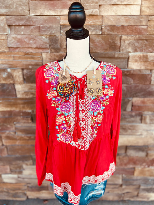 L/S Embroidered Peplum Blouse with Tassles