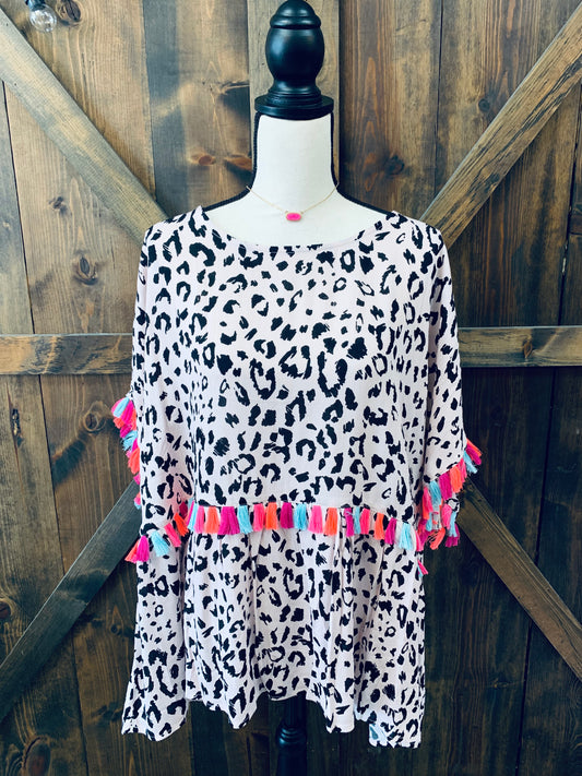Leopard Babydoll Top with Tassels